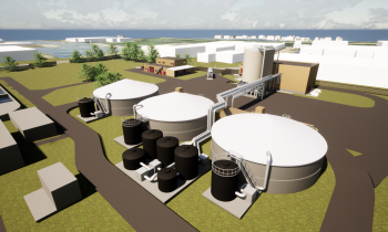 Tekening 2 De drie nieuwe opslagtanks met op de achtergrond het slibontwateringsgebouw met slibsilo’s en links het bedieningsgebouw.png